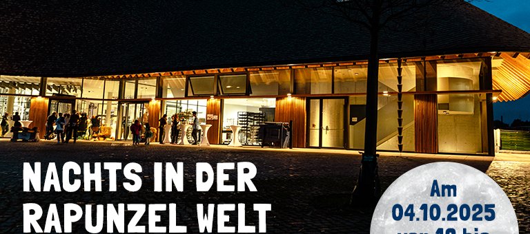 Rapunzel Welt bei Nacht mit Schriftzug "Nachts in der Rapunzel Welt"